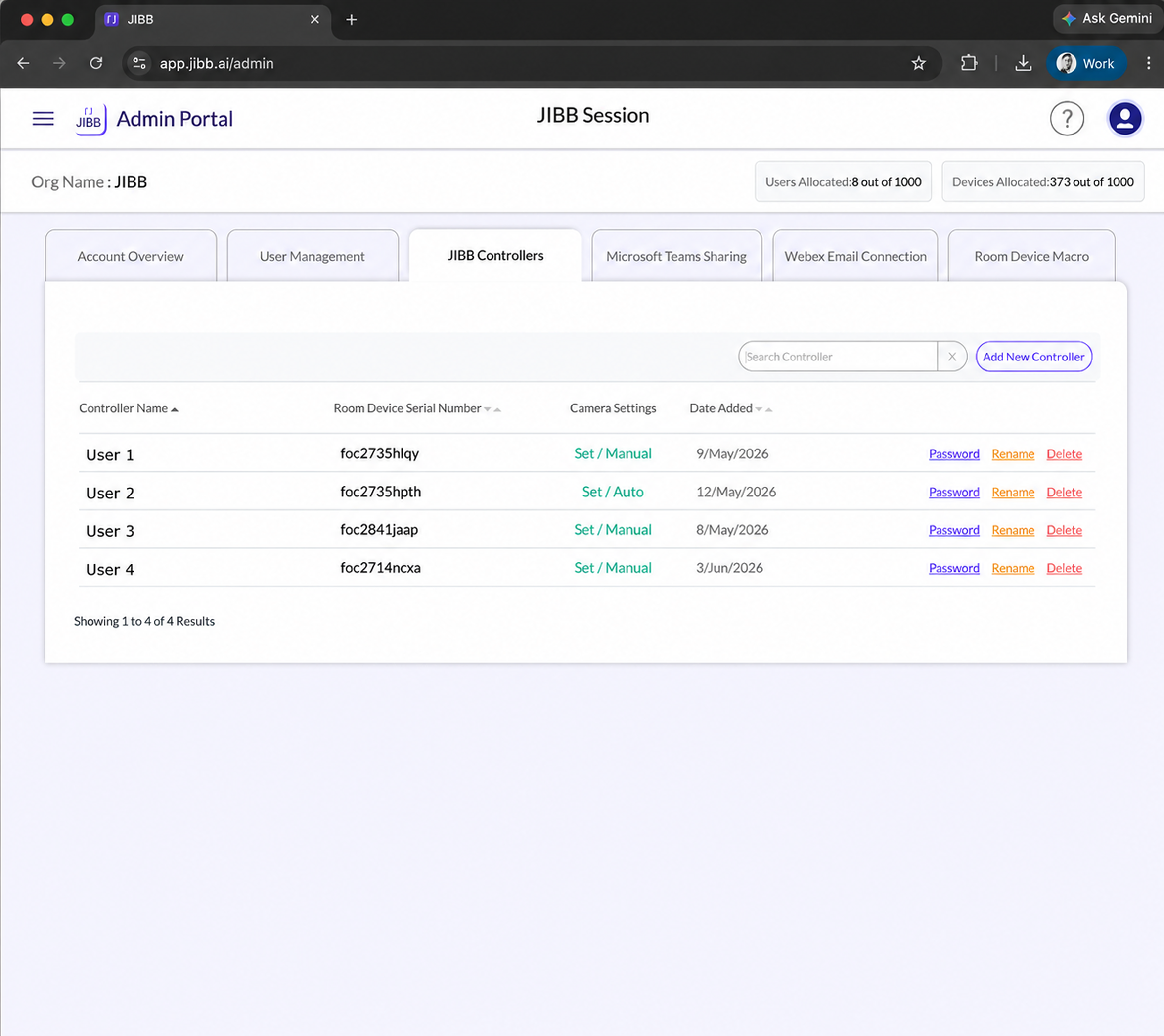 JIBB Admin Portal JIBB Controllers tab showing a table of four controllers with name, room device serial number, camera settings, date added, and Password, Rename, and Delete actions.