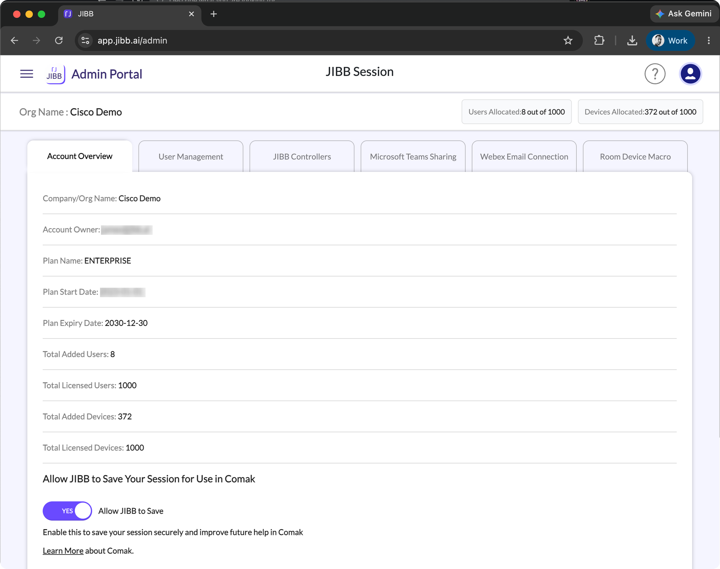 JIBB Admin Portal Account Overview tab for Cisco Demo, showing plan name Enterprise, plan expiry, total added and licensed users and devices, and an Allow JIBB to Save Your Session toggle.