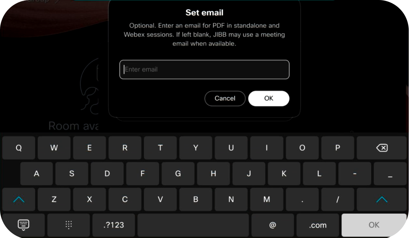 Set email dialog on the Room Navigator with an Enter email field and on-screen keyboard, noting the email is optional and used for the session PDF.