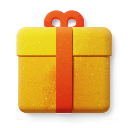 Yellow gift box with an orange ribbon and bow on top.