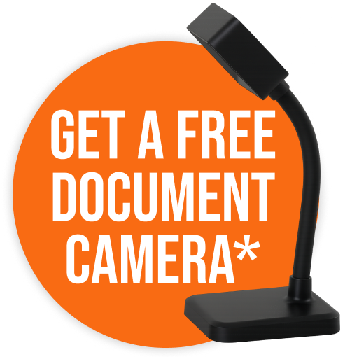 Black document camera on orange circle background with free offer promotion details included