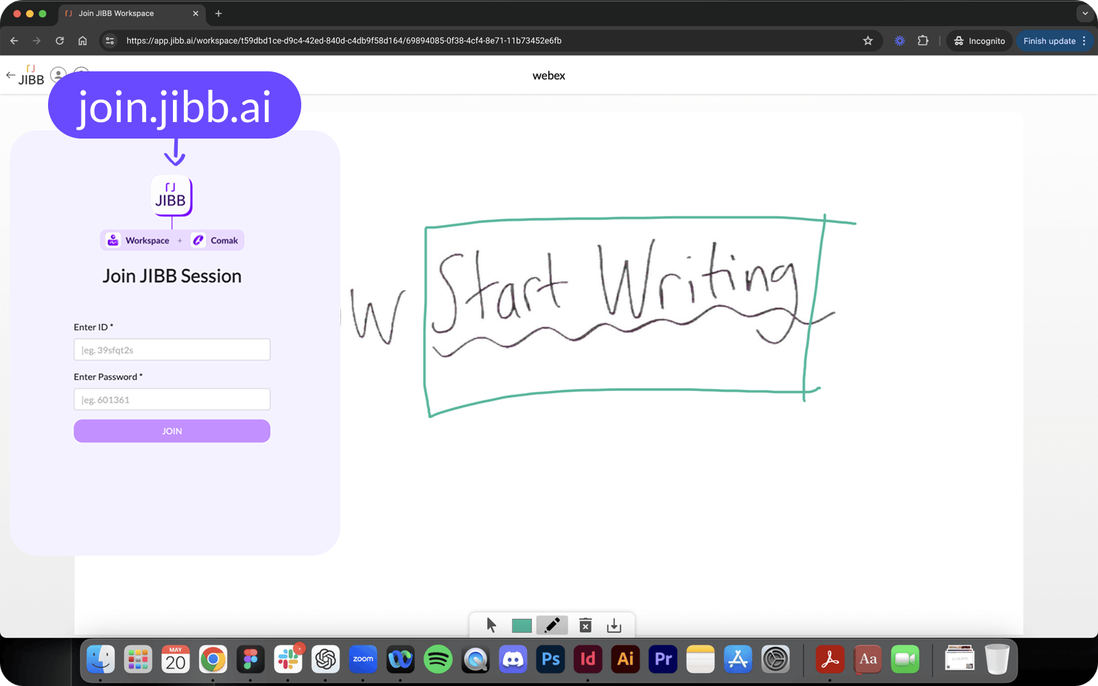Join JIBB Session page in a browser with the join.jibb.ai ID and password form on the left and the shared whiteboard reading 'Start Writing' captured in a green box on the right.