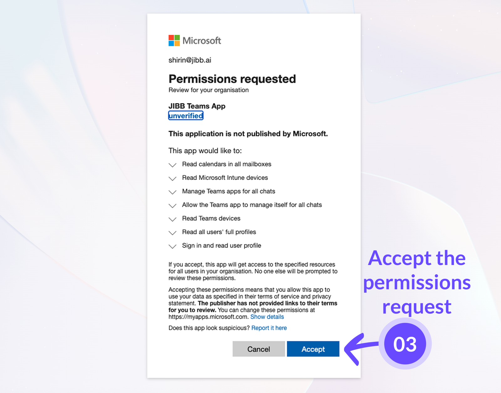 Microsoft consent screen listing the permissions JIBB requests, with the Accept button.