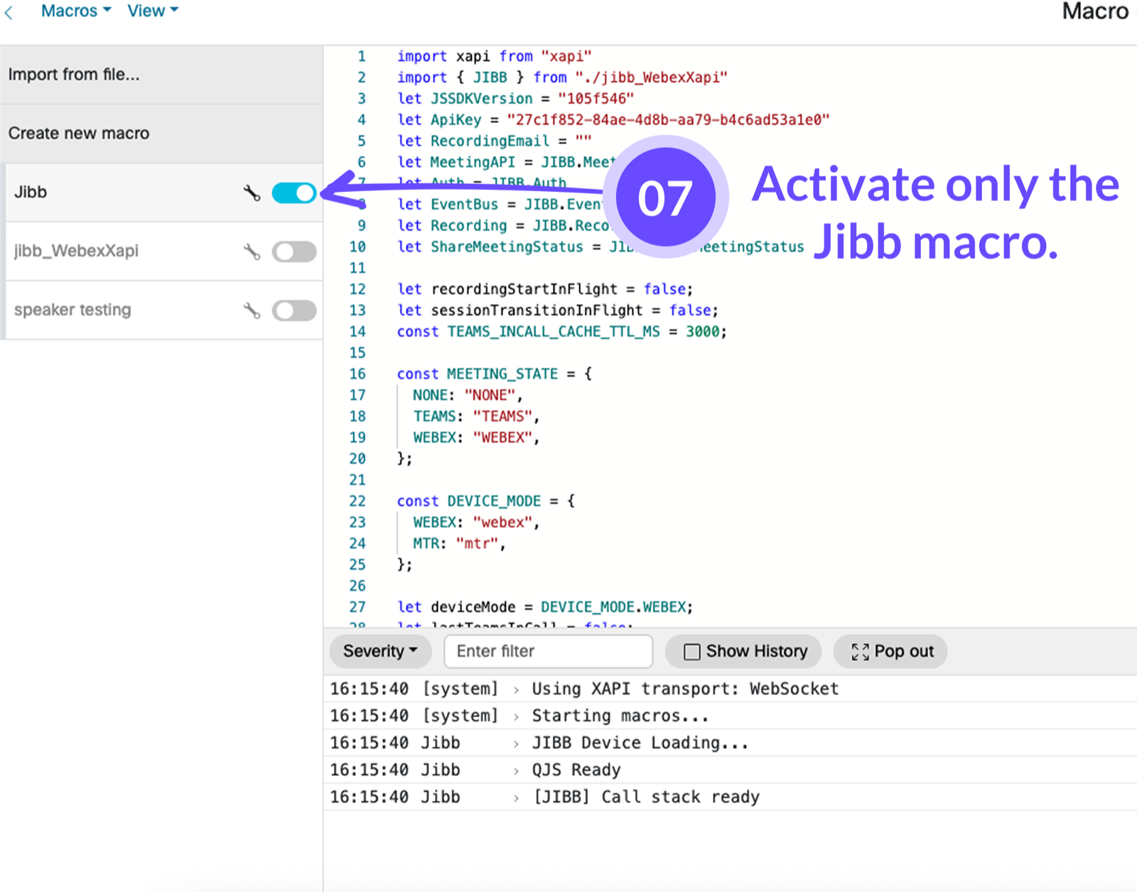 Macro Editor with an arrow highlighting the toggle to activate only the jibb macro.