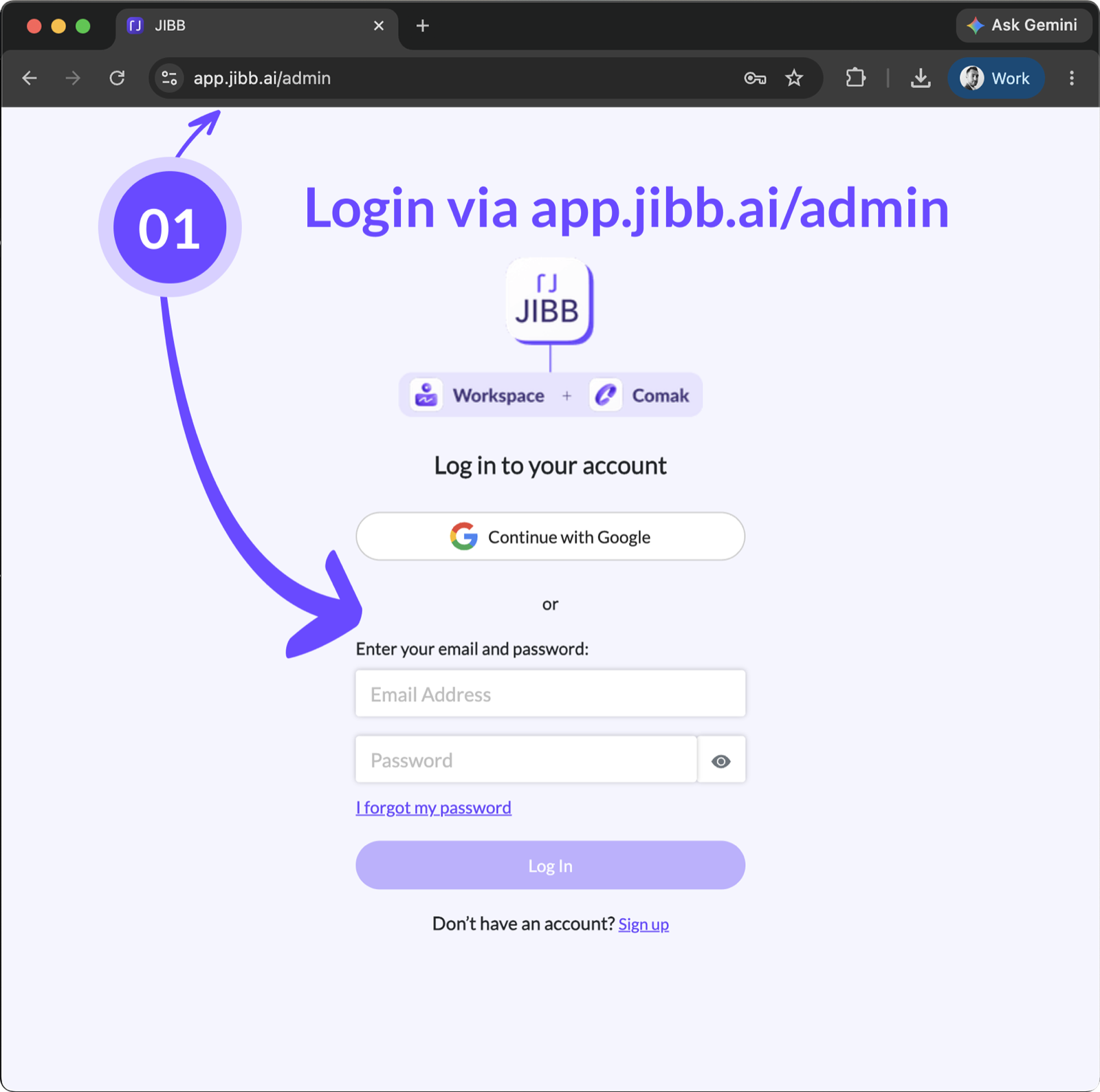 JIBB Admin Portal login page with options to continue with Google or by entering an email and password.
