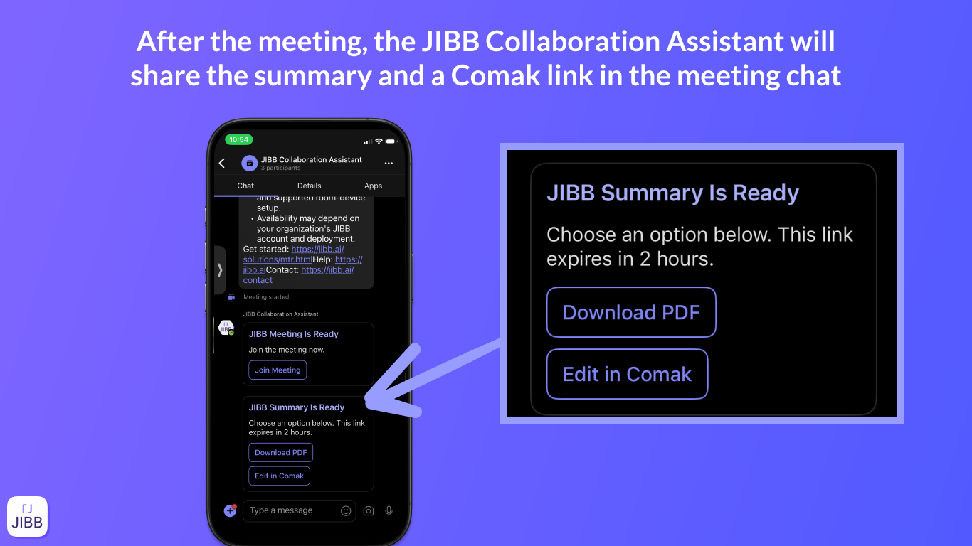 Microsoft Teams meeting chat after the meeting where the JIBB Collaboration Assistant posts a JIBB Summary Is Ready message with Download PDF and Edit in Comak buttons.