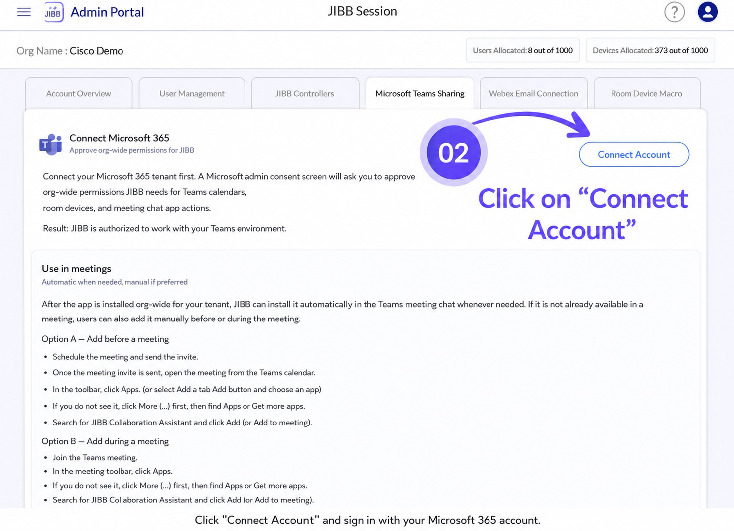 Microsoft Teams Sharing tab with an arrow highlighting the Connect Account button.