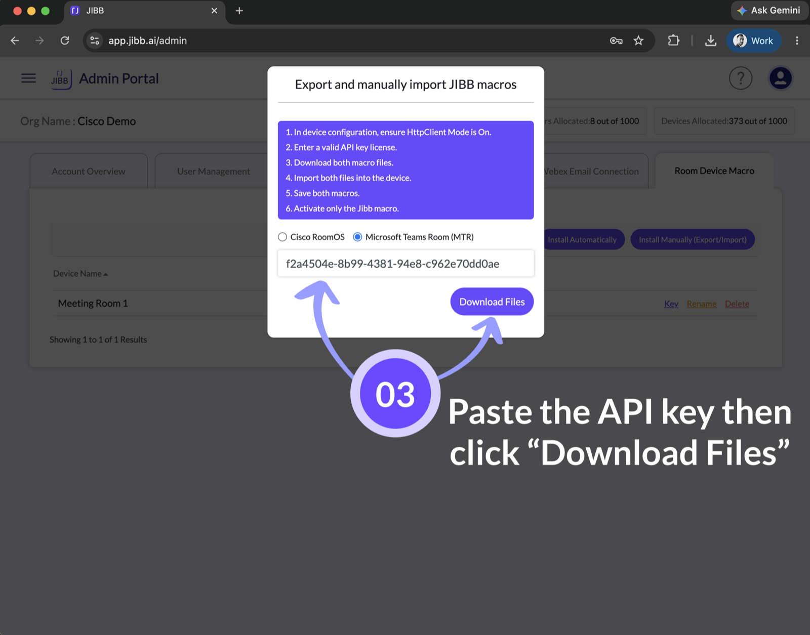 Dialog with an arrow highlighting the button to download the JIBB Room macro files.
