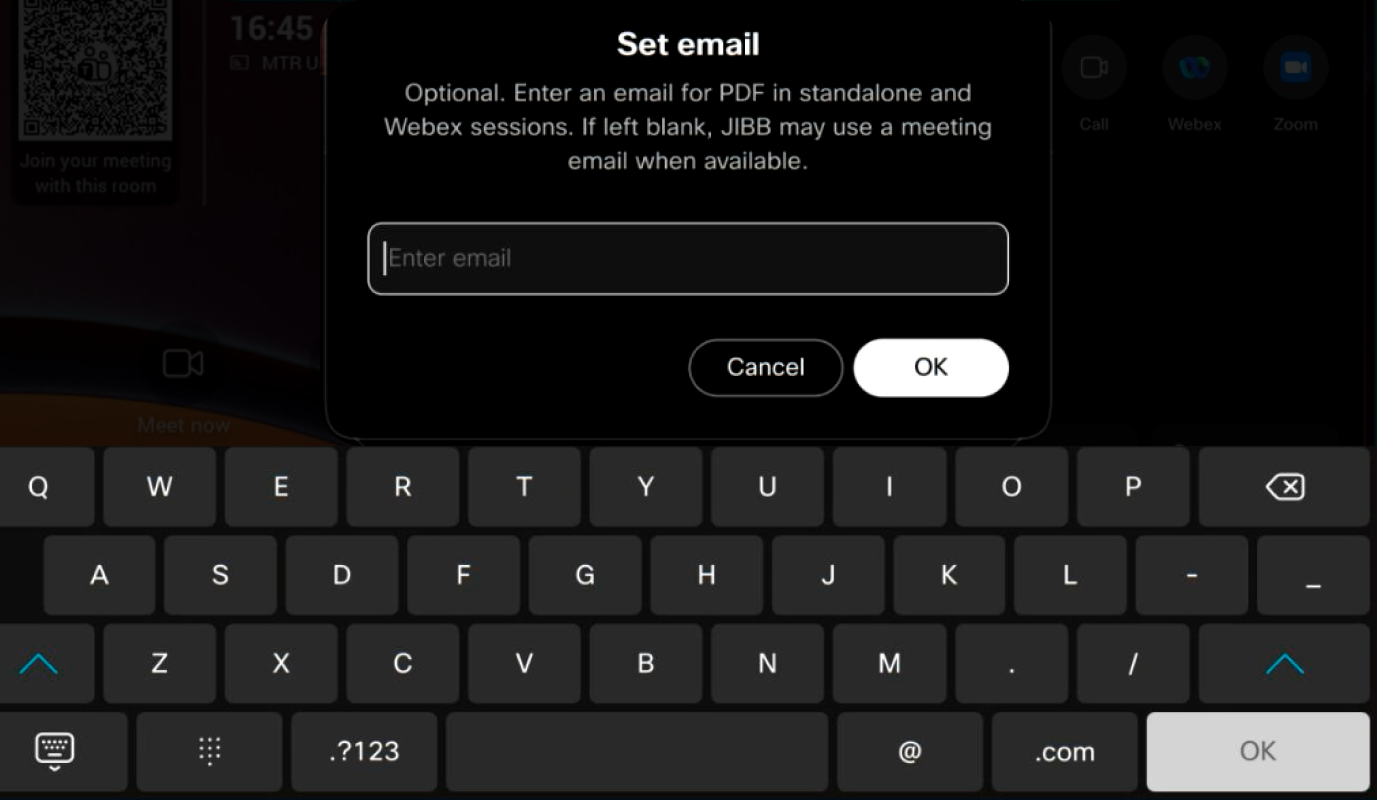 Destination email address dialog with an input field and a virtual keyboard for entering the Auto-Save email.