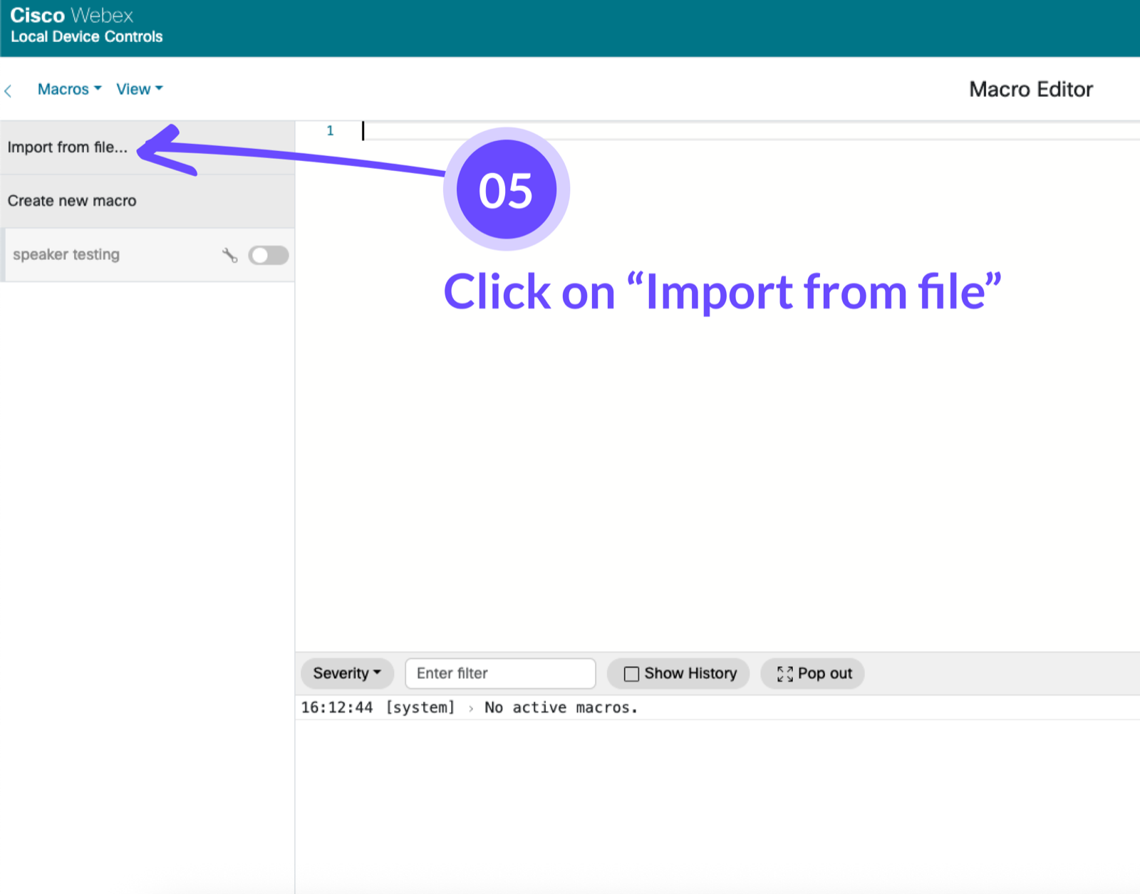 Macro Editor with an arrow highlighting the Import from file option.