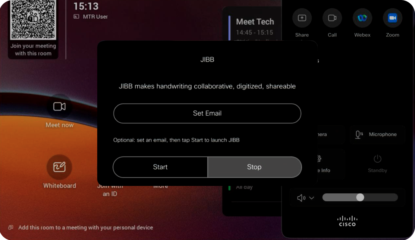 JIBB Room app opened on the Room Navigator, showing the session window to enter an email and start or stop the session.