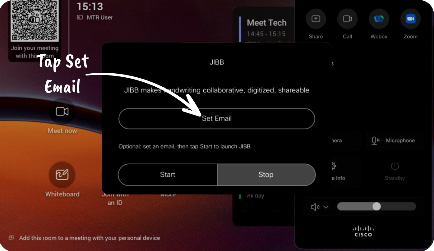 JIBB Room app on the Room Navigator with an arrow highlighting the Set Email button.
