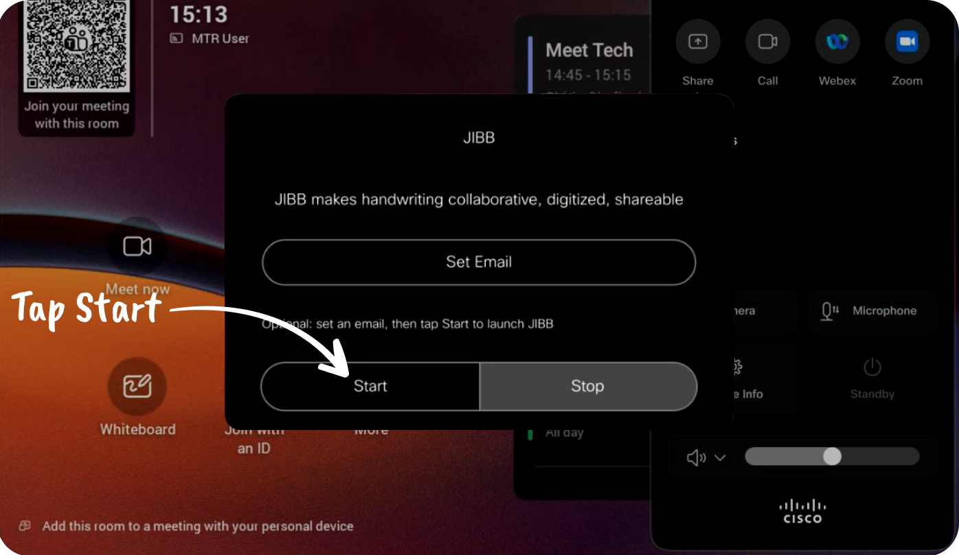 JIBB Room app on the Room Navigator with an arrow highlighting the Start button to launch a session.