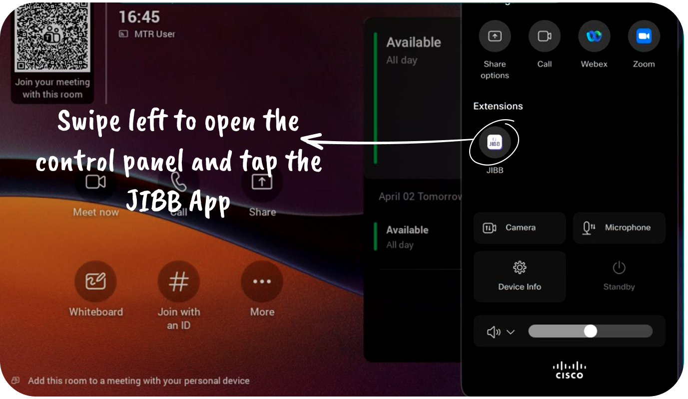 Microsoft Teams Rooms home screen with an instruction to swipe left to open the Control Panel.