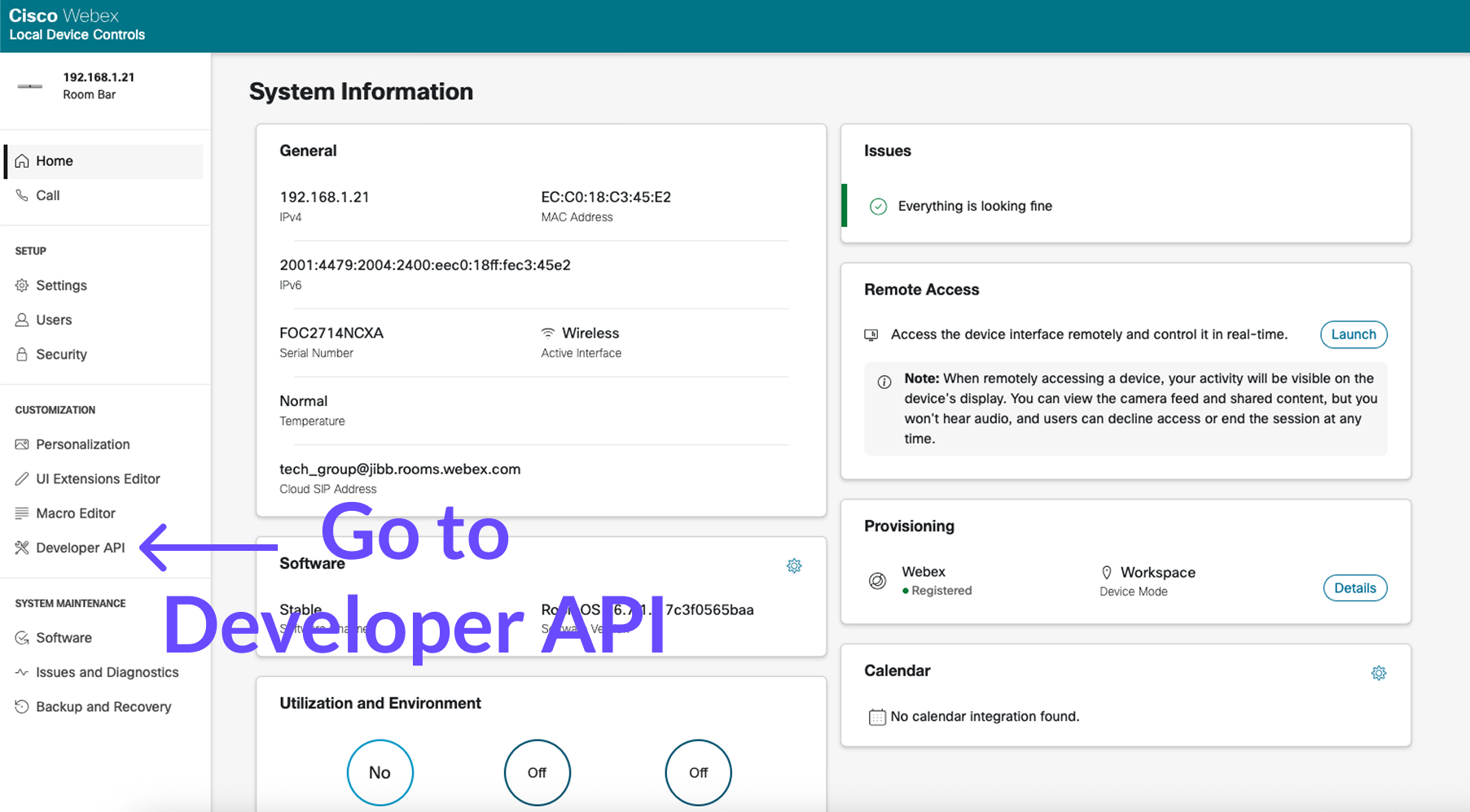 Cisco Webex Local Device Controls System Information page with an arrow pointing to the Developer API option in the left-hand menu.