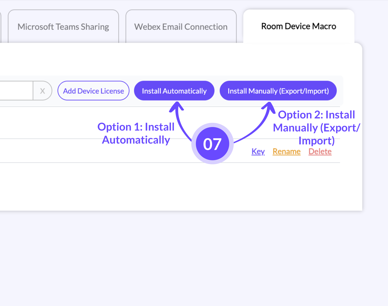 JIBB Admin Portal showing two ways to install the Room Device Macro: Install Automatically and Install Manually.