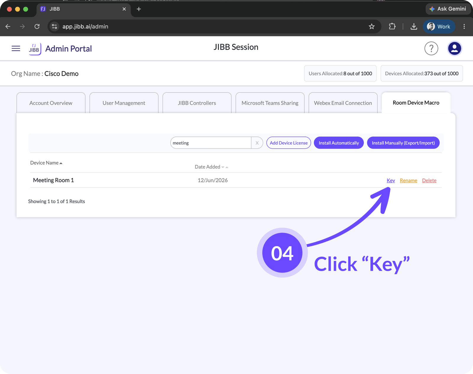 JIBB Admin Portal device list with an arrow highlighting the Key link beside a device.