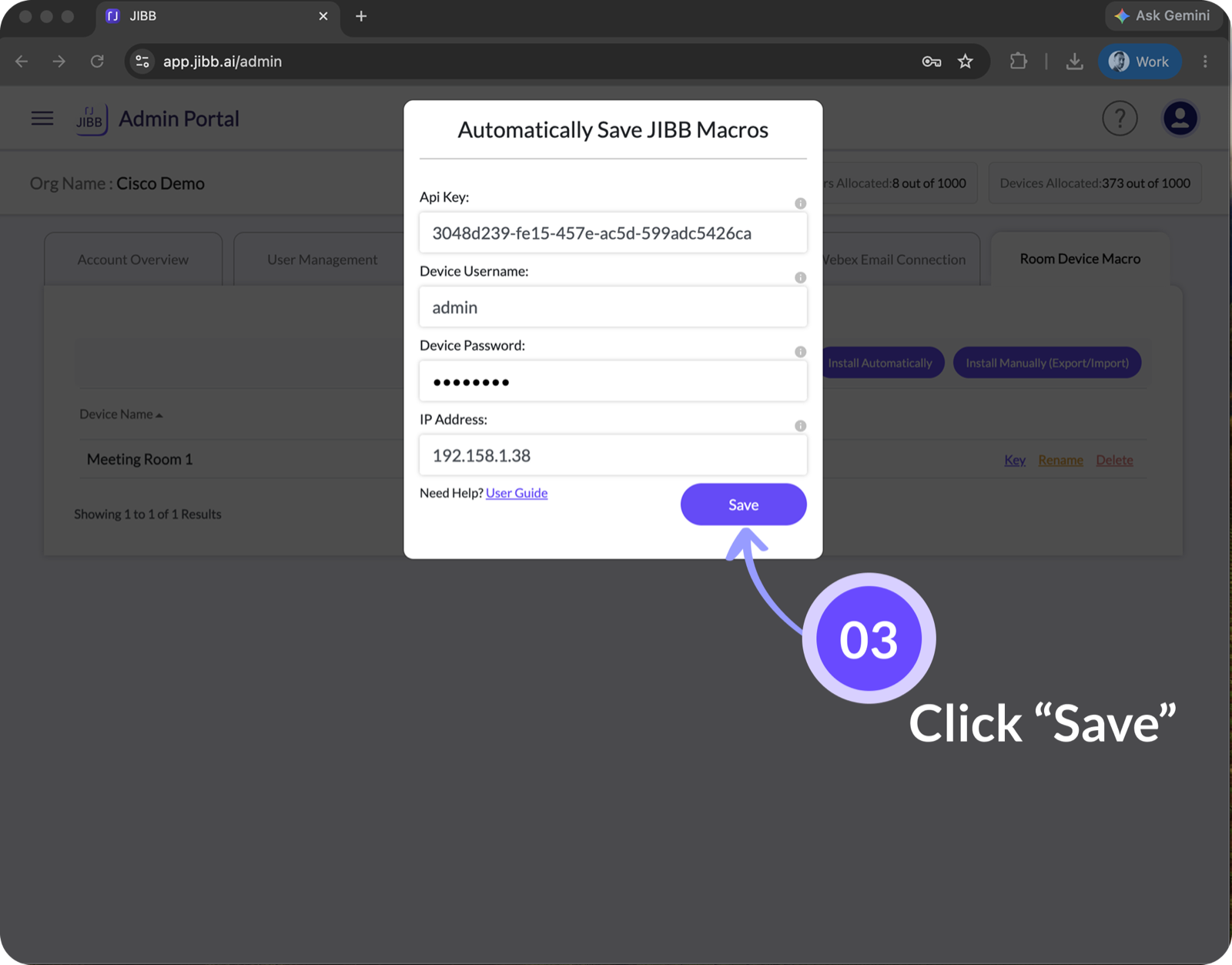 JIBB Admin Portal configuration form with an arrow highlighting the Save button.