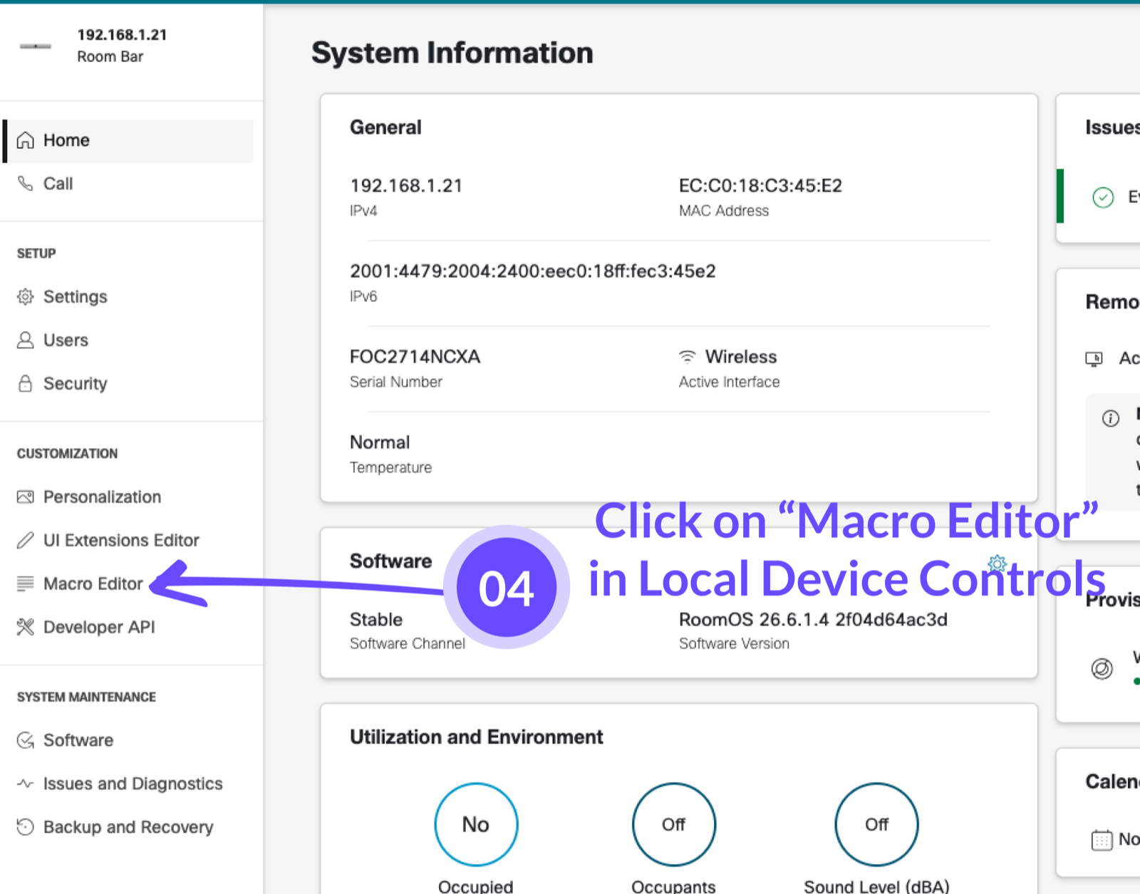 Cisco device web interface with an arrow highlighting the Macro Editor.