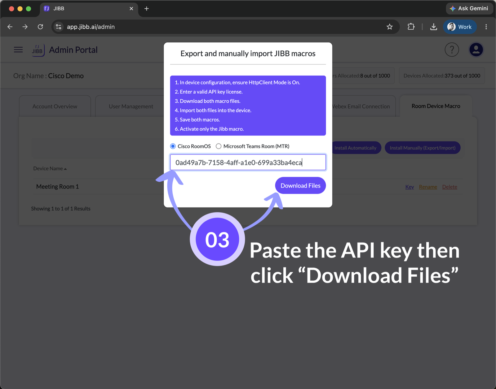 Dialog with an arrow highlighting the button to download the JIBB Room macro files.