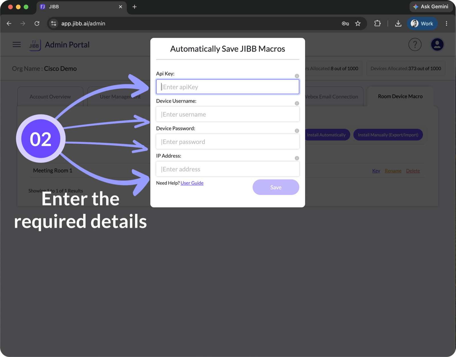 Configuration form in the JIBB Admin Portal for entering the device details required to install JIBB Room.