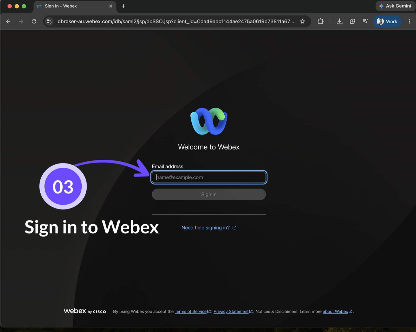 Webex sign-in page with an arrow highlighting the email address field.