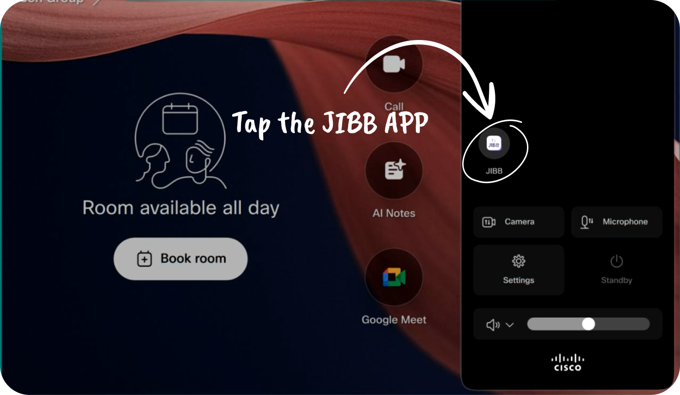 Cisco Room Navigator control panel open with the JIBB app icon circled and an annotation reading 'Tap the JIBB APP'.